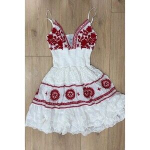 Area Stars Red White Embroidered Eyelet Smocked Mini Dress S